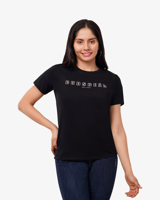 Comfort Fit Printed Black Cotton Women's T-Shirt